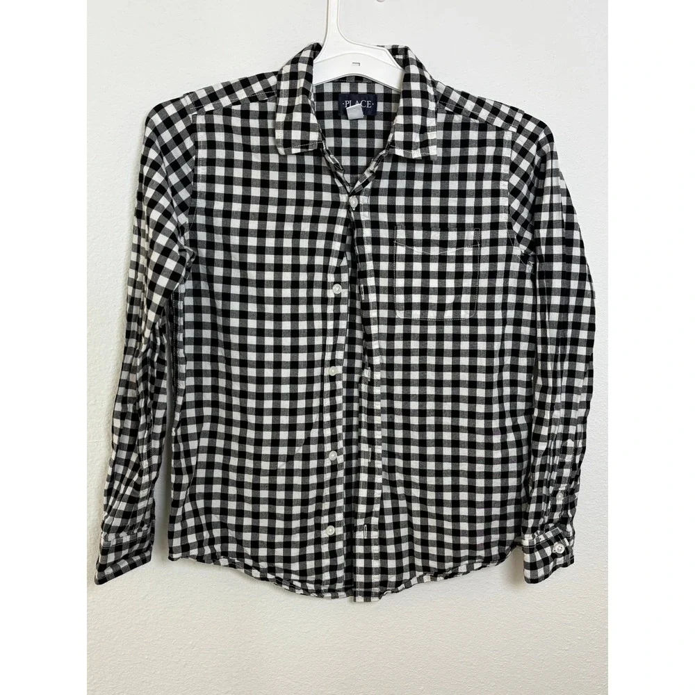 Childrens Place Boys XL 14 Gingham Button Down Shirt Black White Long Sleeve